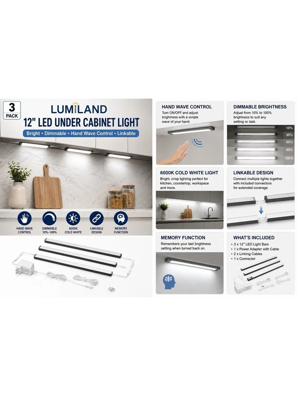 LUMILAND 3-Pack 12” LED Under Cabinet Lights Hand Wave Dimmable 6000K Plug-In